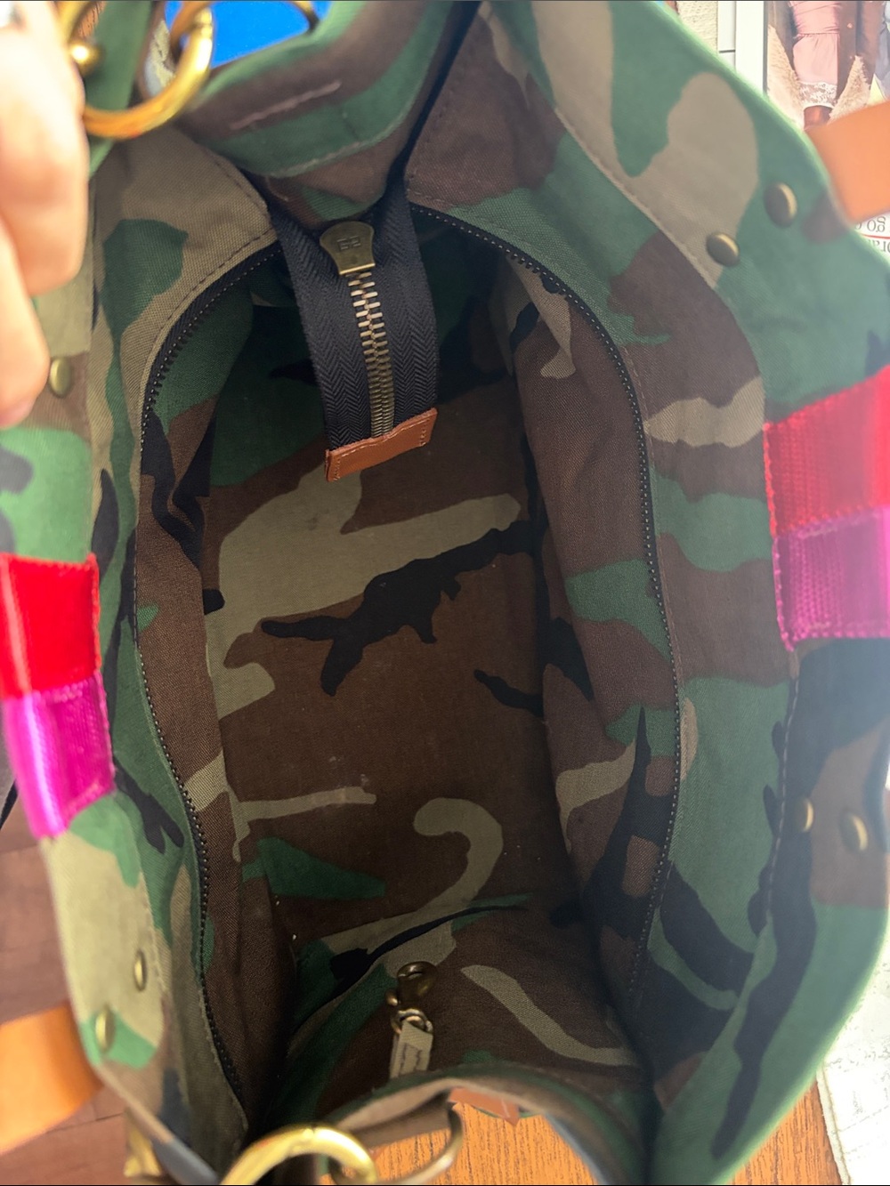 Camouflage Tote with Pink and Red Center Stripe and Gold Chain Accent - Picture 2 of 7